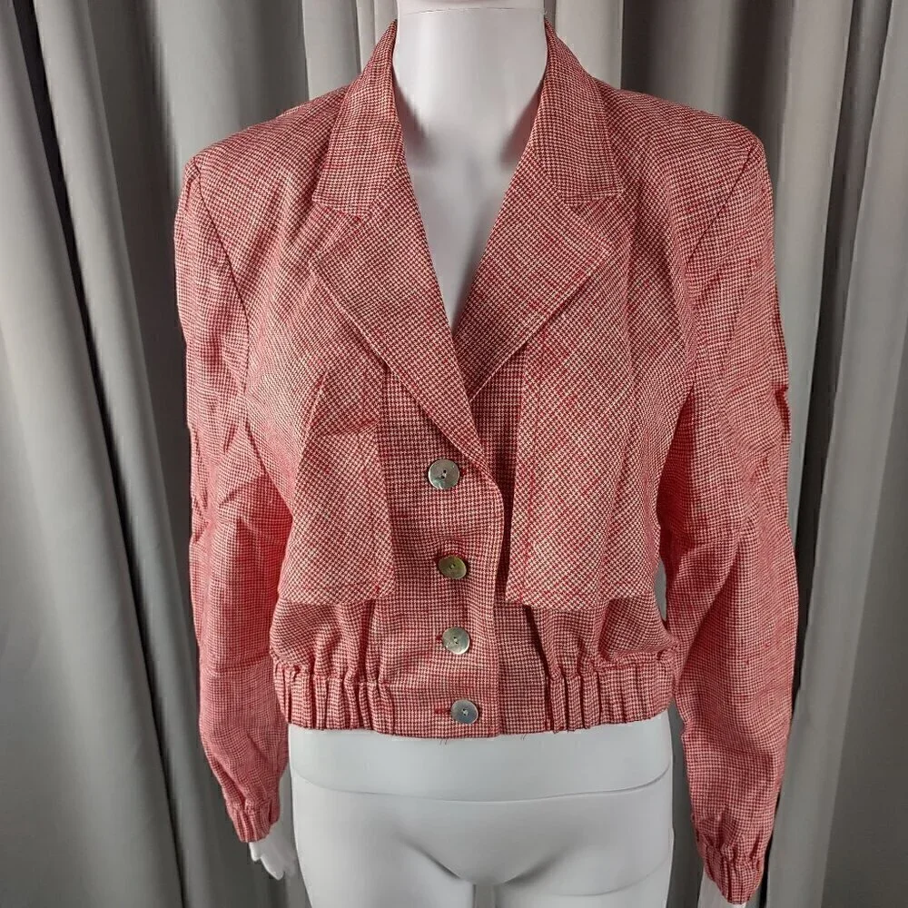 Doncaster Women's Red, White, Houndstooth, Linen Blend, Cropped Jacket Size 4